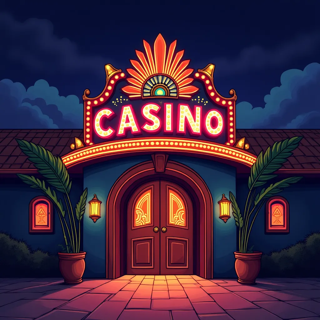 Cartoon casino slot entrance with neon lights at Bluechip casino